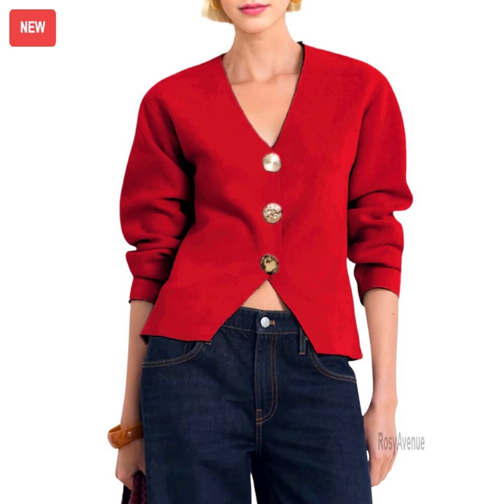 Cropped Cardigan V-Neck Long Sleeve Gold Button Knit Sweater Chic Office Wear - Picture 1 of 6